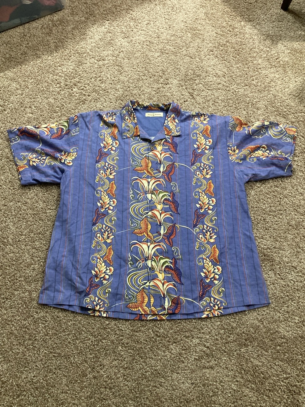 Tommy Bahama Men’s Blue Floral Stripe Short-Sleeve Button Down, 100% Silk, XXL